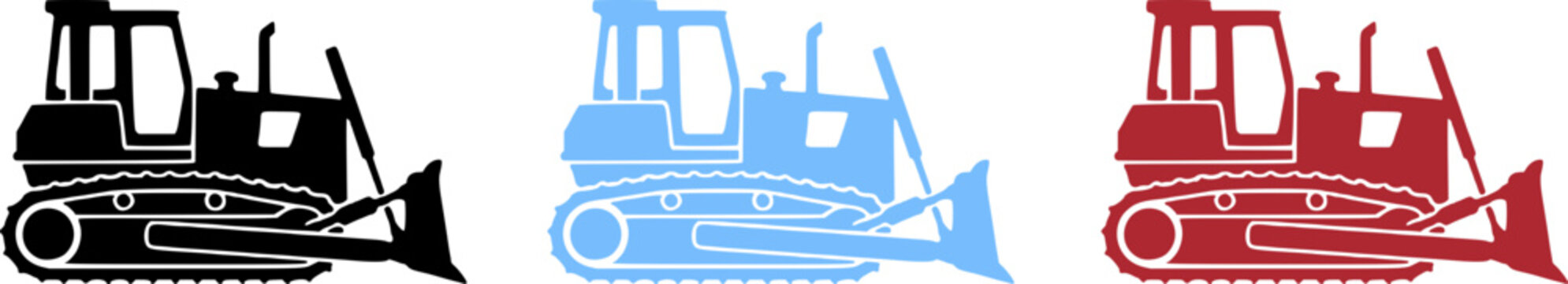 Bulldozer vector icon set in three colors for heavy construction machinery, land clearing, and industrial earthmoving applications.