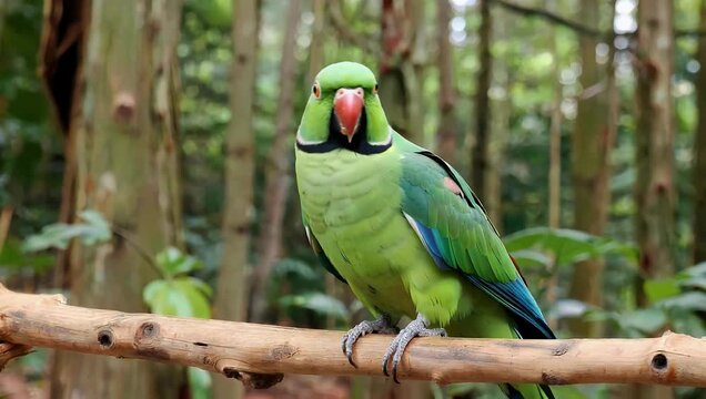 Radiant 4K avian portrait capturing a colorful green parrot perched on a rustic tree branch tilting its head inquisitively to observe the outdoor environment in a lush tropical setting