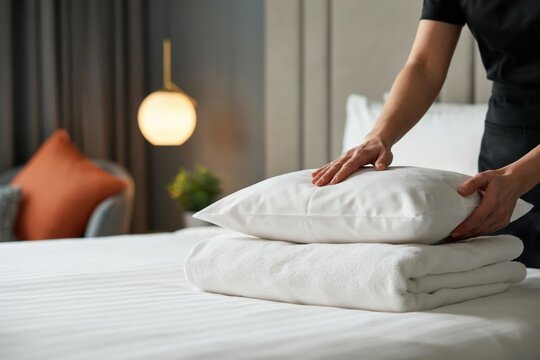 Housekeeper placing a pillow on a bed. Concept for luxury hotel services.