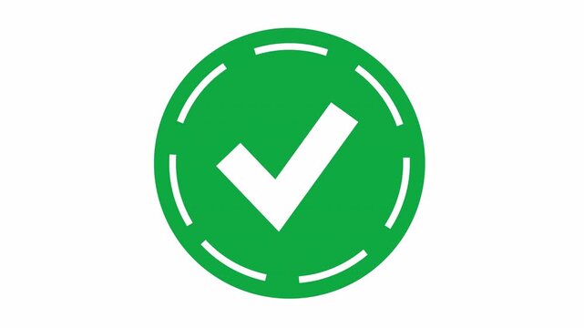 Green checkmark circle icon with a dash ring and sunburst lines cartoon animation isolated on an alpha channel for an approved tick mark badge symbol.