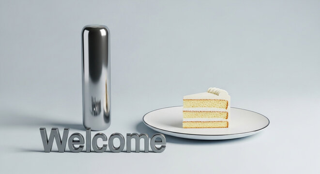 Welcome 3D chrome metallic text with vanilla cream layer cake slice on plate and polished silver cylinder isolated on neutral clean studio background modern minimalist promotional 3D illustration