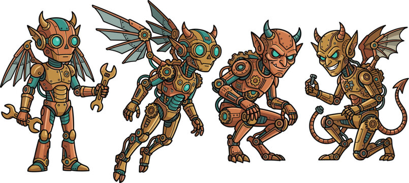 Set of four steampunk mechanical devil characters with gears wings and tools for game assets