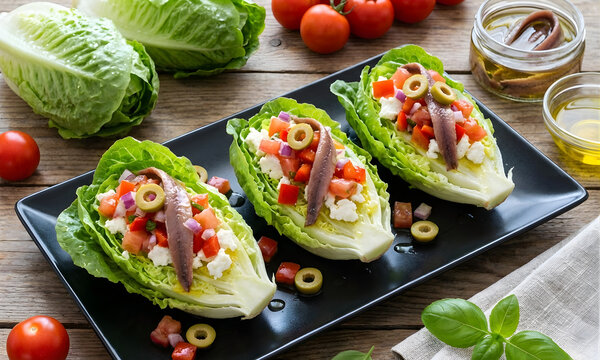 Cogollos de lechuga rellenos con tomate, queso, aceitunas y anchoas sobre tabla de madera