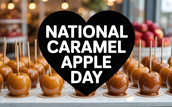 National caramel apple day with a heart shape over a display of caramel apples candy apples