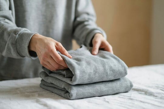 Person folds gray sweaters on a light surface. Concepts of organization.