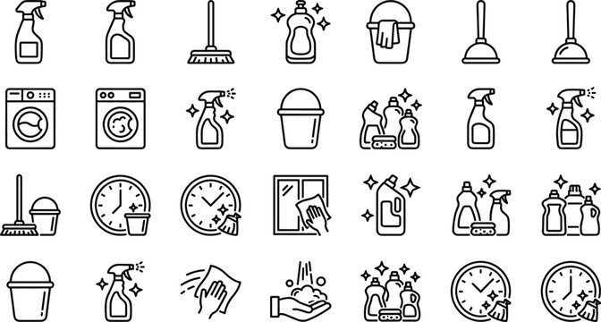 Housekeeping and cleaning services line art vector icon set featuring spray bottle bucket broom washing machine plunger and detergent symbols.eps