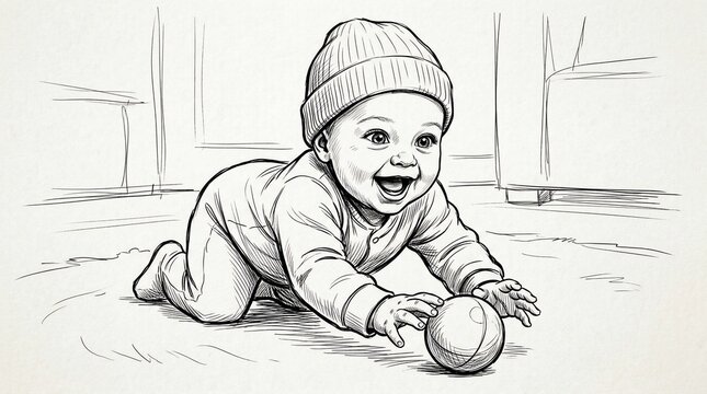 Baby crawling with ball sketch