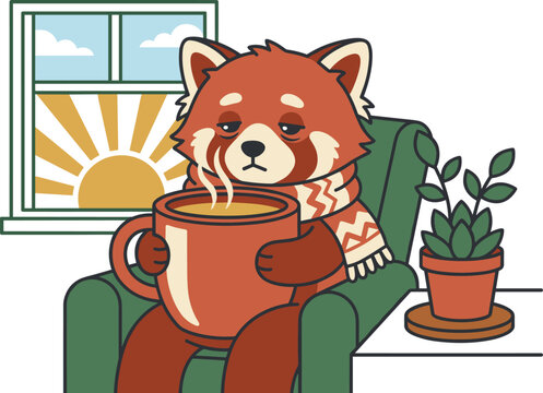 Sleepy red panda character sitting in an armchair holding a giant mug of coffee at sunrise