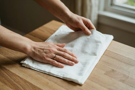 Woman folding a clean white linen napkin on a wooden table. Home care theme.