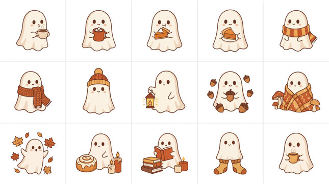 Cute Autumn Ghost Clipart Bundle &ndash; Cozy Halloween Ghost Collection