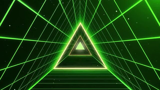 Abstract green neon triangle tunnel with glowing lines and a grid pattern.