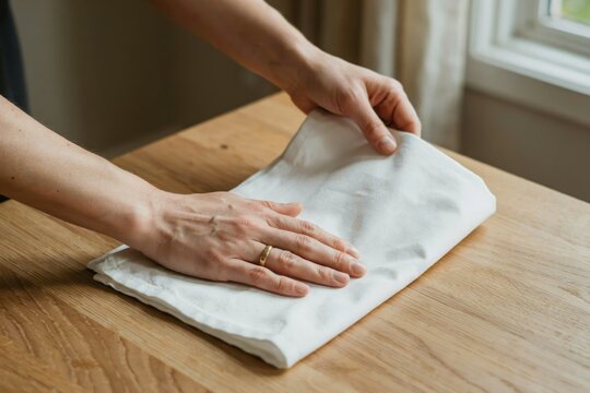Close-up of a woman hands folding a white cloth napkin. Household chore concept.