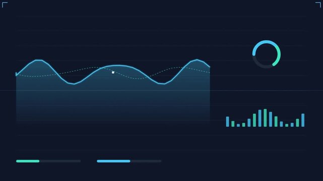 Futuristic digital dashboard UI with audio wave and circular data graph on dark background
