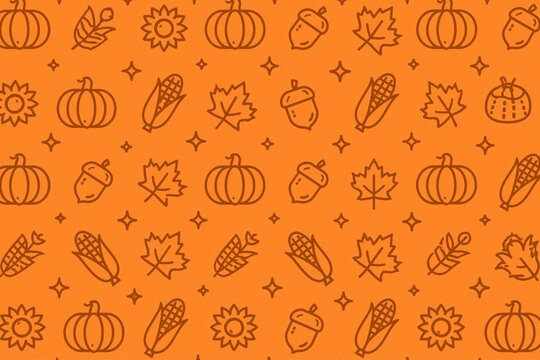 Minimalist Autumn Harvest Seamless Line Pattern with Pumpkin Corn Maple Leaf Acorn and Sun Icons on Warm Orange Background for Modern Seasonal Design