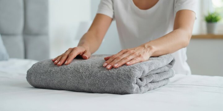 Woman folding a soft grey towel on a bed. Spa or home cleaning concept.