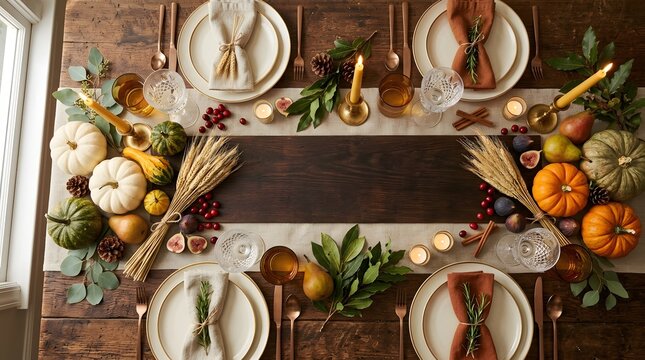 Festive thanksgiving dinner table setting with pumpkins gourds and autumn decorations for a holiday celebration overhead view