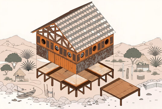 Traditional Rumah adat Indonesia stilt wooden house with wayang inspired cultural design, architectural illustration showing framework in rural arid landscape generad ai