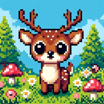 Cute pixel art deer character in forest landscape with mushrooms and flowers