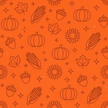 Minimalist Autumn Harvest Seamless Line Pattern with Pumpkin Corn Maple Leaf Acorn and Sun Icons on Warm Orange Background for Modern Seasonal Design