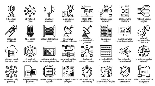 5G Network Infrastructure Telecommunication Base Station and Open RAN Icon Set