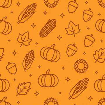Minimalist Autumn Harvest Seamless Line Pattern with Pumpkin Corn Maple Leaf Acorn and Sun Icons on Warm Orange Background for Modern Seasonal Design