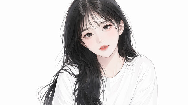白い背景の黒髪の女性のデジタルアート