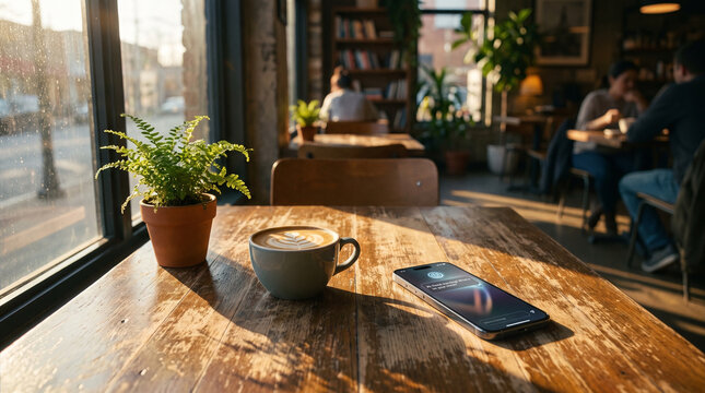 カフェの木製テーブルとコーヒーとスマホ