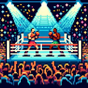 Pixel art boxing match with two fighters inside the ring under stage lights