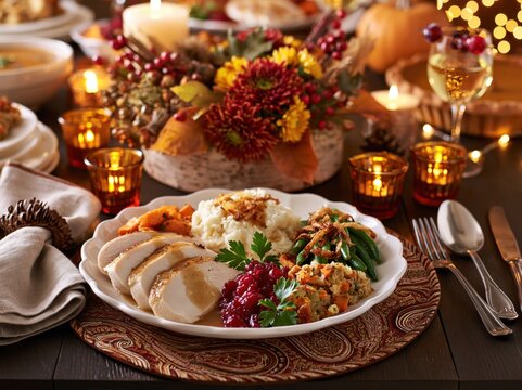 Cozy Thanksgiving Dinner Plate with Roasted Turkey Cranberry Sauce Mashed Potatoes and Autumn Candlelight Table Setting in Warm Festive Ambience