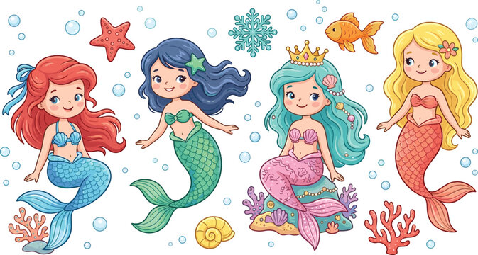 Cute Little Mermaid Princess Set with Underwater Sea Elements Fish Starfish Coral and Bubbles for Kids Birthday Baby Shower and Fantasy Nursery Decor