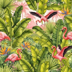 Tropical seamless pattern with pink flamingos and exotic plants © Aji