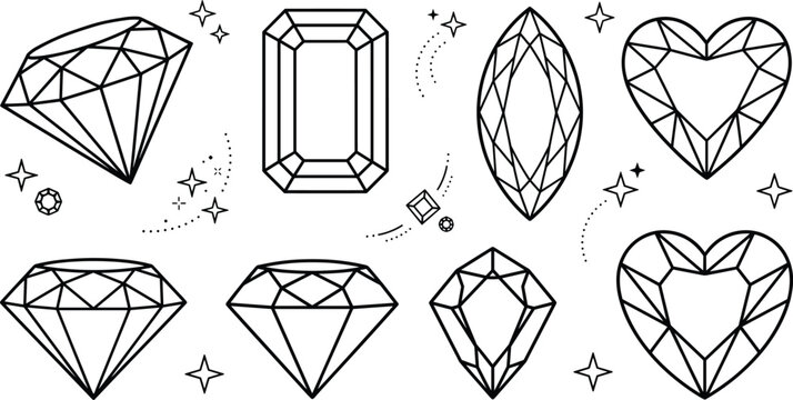 Precious diamond gemstone crystal luxury jewelry star sparkle black outline icon set vector illustration