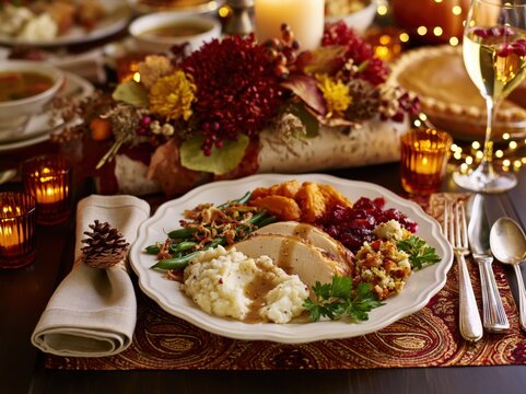 Cozy Thanksgiving Dinner Plate with Roasted Turkey Cranberry Sauce Mashed Potatoes and Autumn Candlelight Table Setting in Warm Festive Ambience