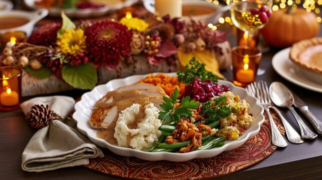Cozy Thanksgiving Dinner Plate with Roasted Turkey Cranberry Sauce Mashed Potatoes and Autumn Candlelight Table Setting in Warm Festive Ambience