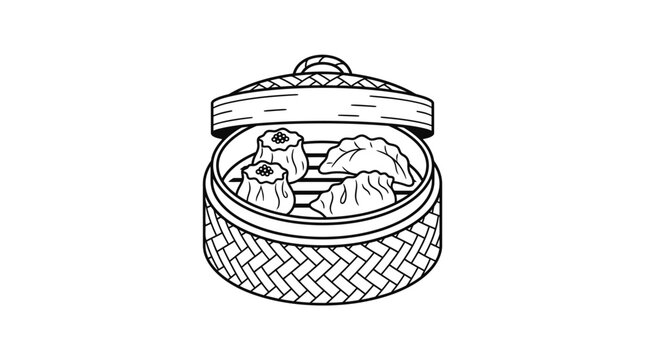 A hand drawn illustration of a traditional bamboo steamer basket containing dim sum dumplings.
