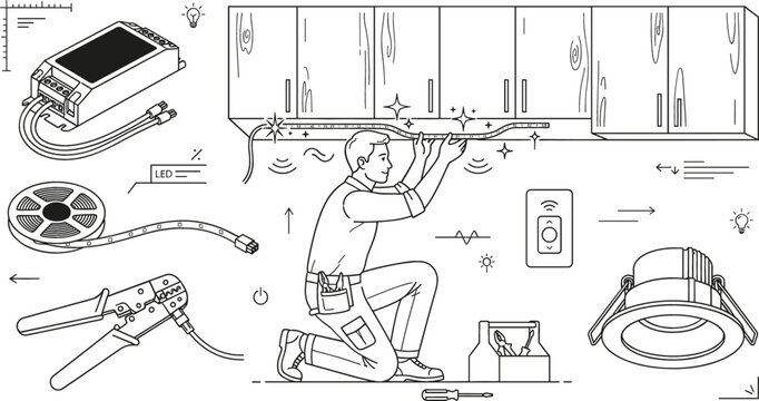 Professional electrician installing under cabinet led strip lighting ribbon with electrical tools icon set