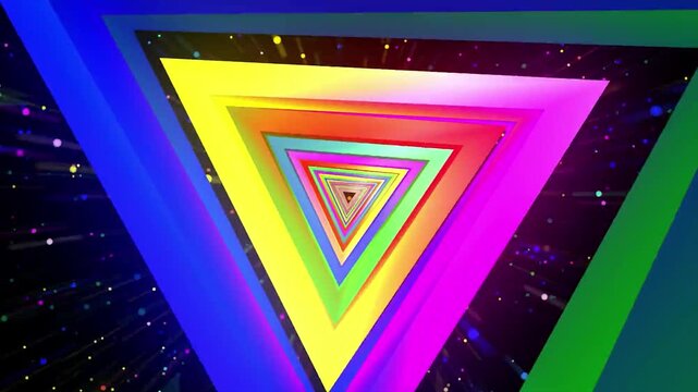 A vibrant abstract design of a rainbow of triangles receding into the distance.