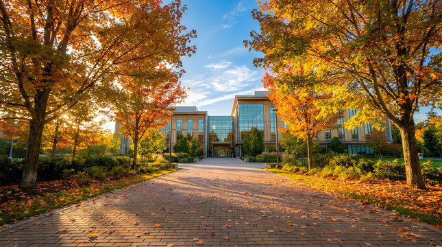 Modern university campus building in autumn, college architecture with orange fall foliage, academic office exterior with golden trees and brick walkway