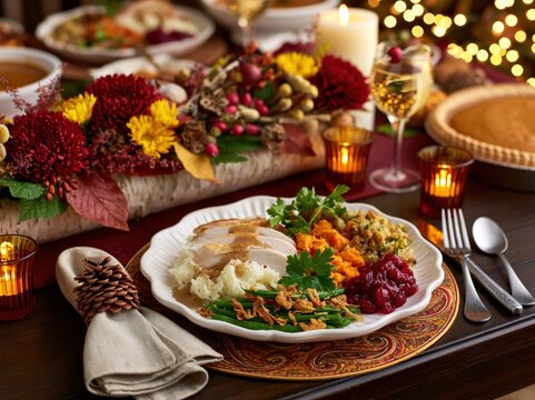 Cozy Thanksgiving Dinner Plate with Roasted Turkey Cranberry Sauce Mashed Potatoes and Autumn Candlelight Table Setting in Warm Festive Ambience
