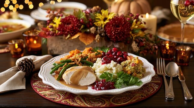 Cozy Thanksgiving Dinner Plate with Roasted Turkey Cranberry Sauce Mashed Potatoes and Autumn Candlelight Table Setting in Warm Festive Ambience