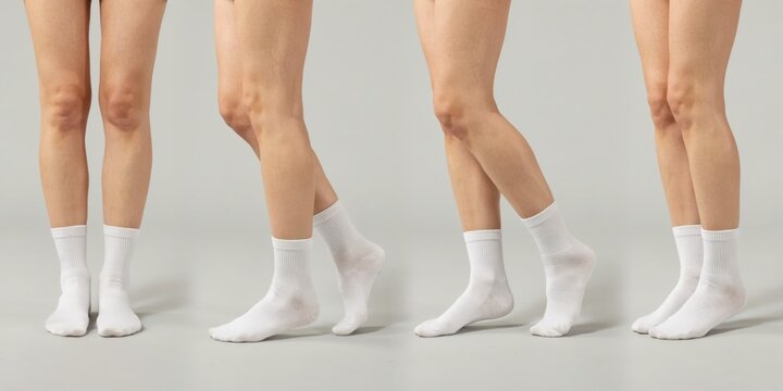 Legs wearing white socks against neutral background. Concepts for comfort.