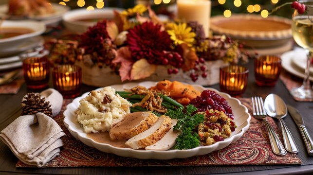 Cozy Thanksgiving Dinner Plate with Roasted Turkey Cranberry Sauce Mashed Potatoes and Autumn Candlelight Table Setting in Warm Festive Ambience