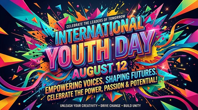 International Youth Day celebration graphic with vibrant colors and empowering message