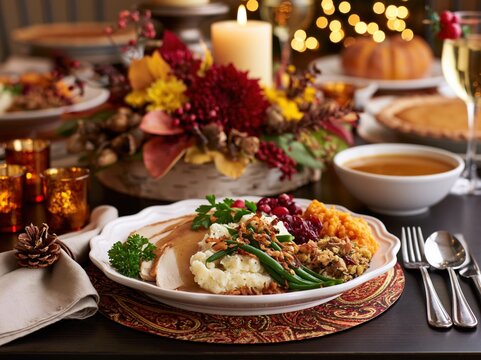Cozy Thanksgiving Dinner Plate with Roasted Turkey Cranberry Sauce Mashed Potatoes and Autumn Candlelight Table Setting in Warm Festive Ambience