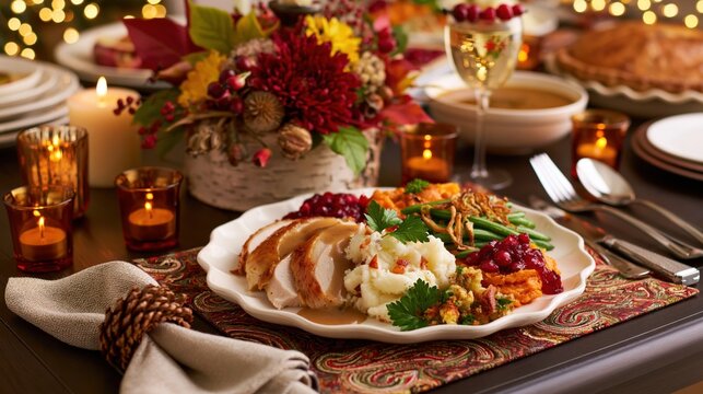 Cozy Thanksgiving Dinner Plate with Roasted Turkey Cranberry Sauce Mashed Potatoes and Autumn Candlelight Table Setting in Warm Festive Ambience