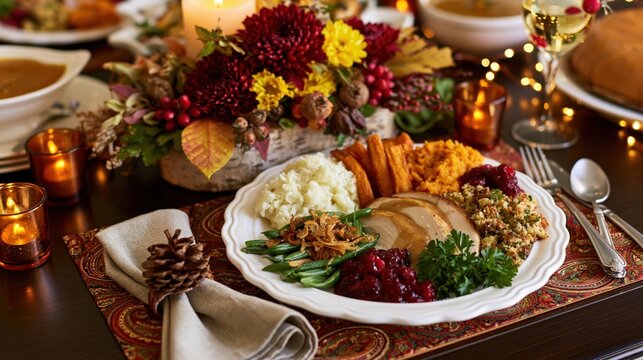Cozy Thanksgiving Dinner Plate with Roasted Turkey Cranberry Sauce Mashed Potatoes and Autumn Candlelight Table Setting in Warm Festive Ambience