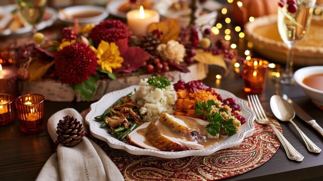 Cozy Thanksgiving Dinner Plate with Roasted Turkey Cranberry Sauce Mashed Potatoes and Autumn Candlelight Table Setting in Warm Festive Ambience