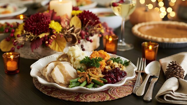 Cozy Thanksgiving Dinner Plate with Roasted Turkey Cranberry Sauce Mashed Potatoes and Autumn Candlelight Table Setting in Warm Festive Ambience