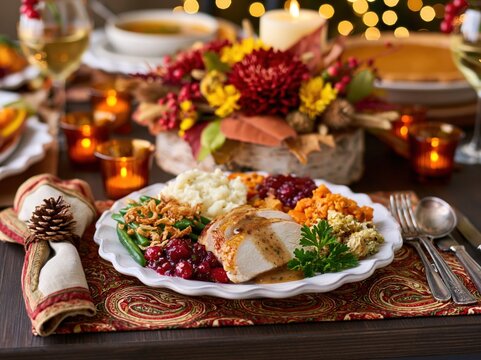 Cozy Thanksgiving Dinner Plate with Roasted Turkey Cranberry Sauce Mashed Potatoes and Autumn Candlelight Table Setting in Warm Festive Ambience