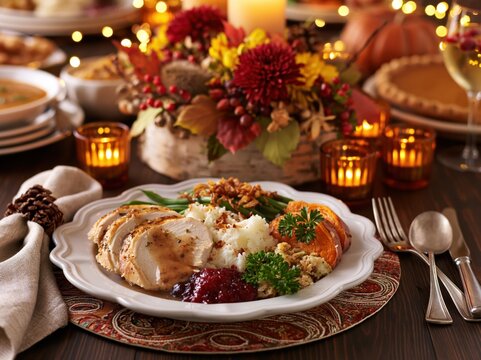 Cozy Thanksgiving Dinner Plate with Roasted Turkey Cranberry Sauce Mashed Potatoes and Autumn Candlelight Table Setting in Warm Festive Ambience